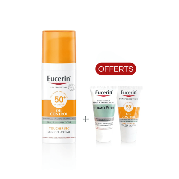 Eucerin – Oil Control Gel-crème SPF50+ – 50 Ml= Oil control Toucher sec 20ml + Dermopure gel nettoyant triple action 20ml OFFERTS – Image 2