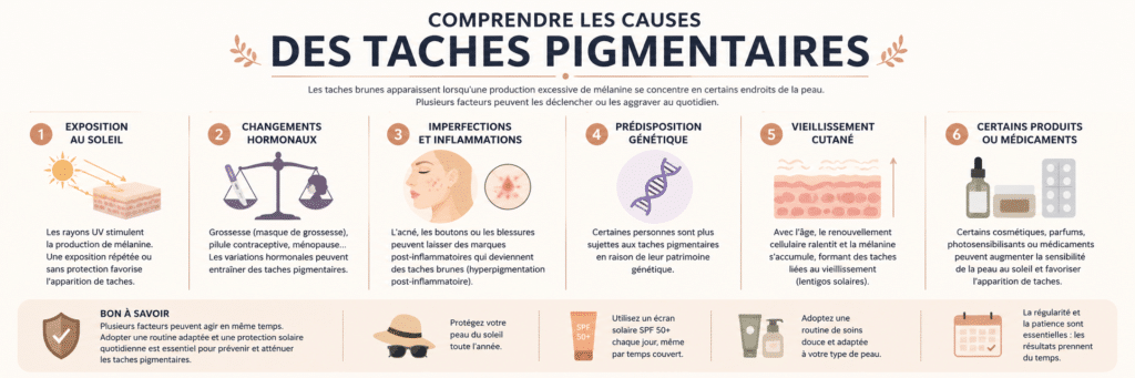 Causes des taches pigmentaires : pourquoi elles apparaissent 2 Infographie des 6 causes des taches pigmentaires : soleil, hormones, inflammations, génétique, vieillissement et produits photosensibilisants