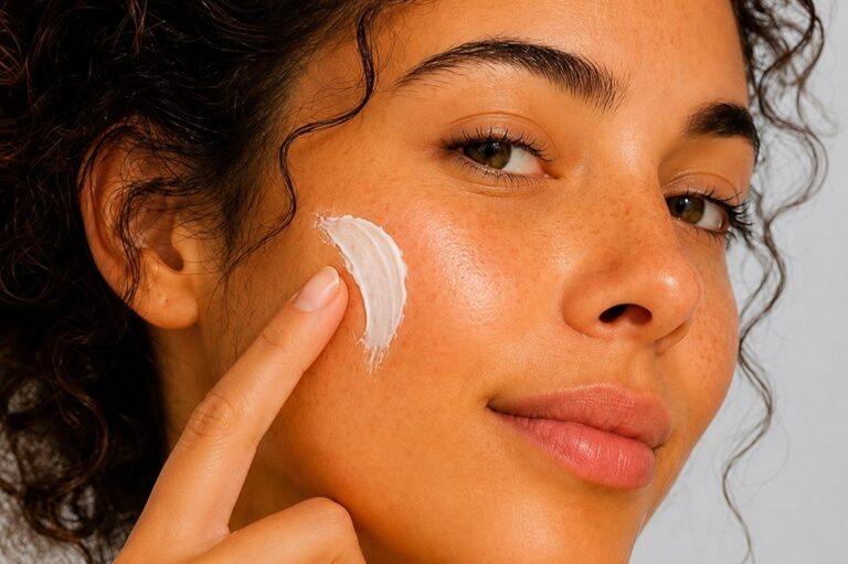 Application d'un écran solaire peau grasse sur le visage