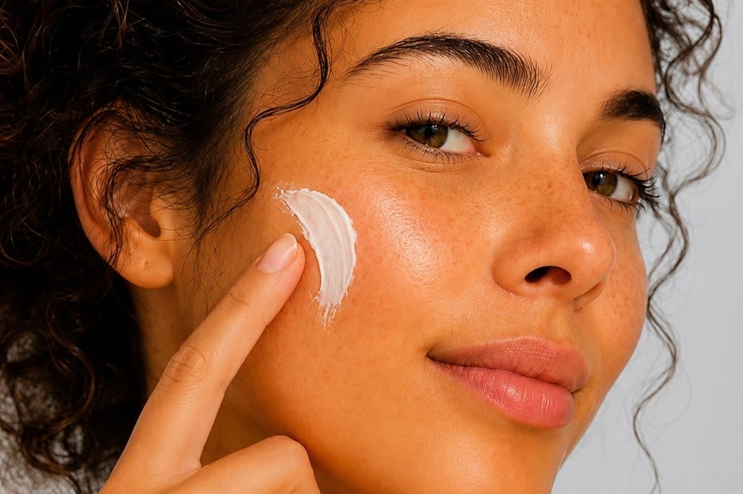 Application d'un écran solaire peau grasse sur le visage