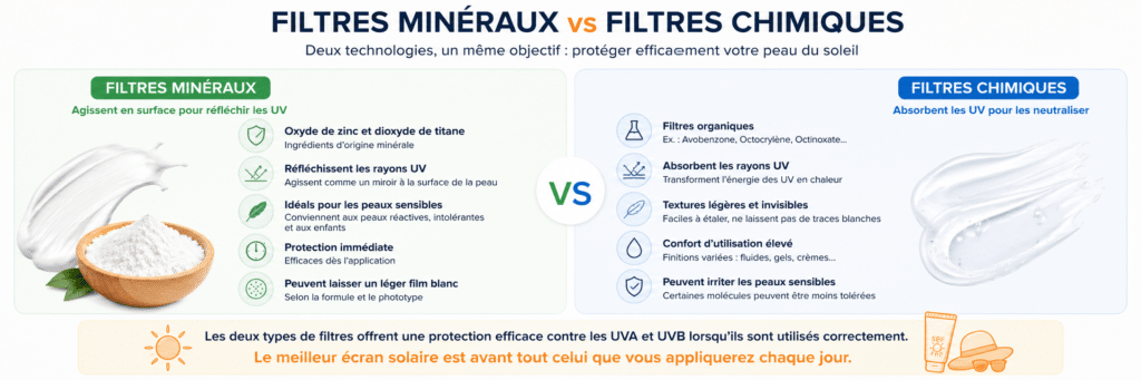 Comparaison entre les filtres minéraux et les filtres chimiques utilisés dans la protection solaire