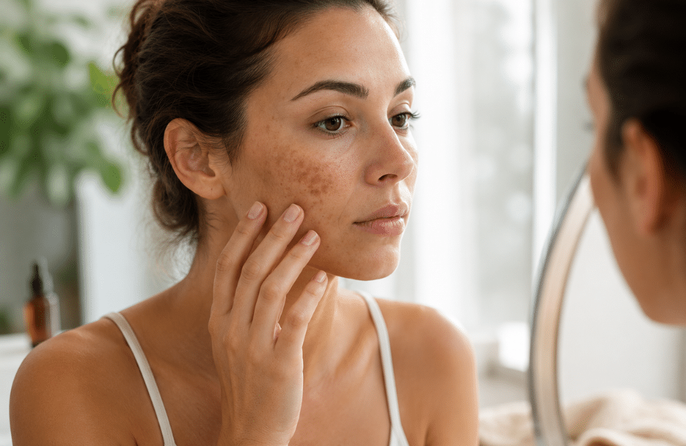 Guide complet des taches pigmentaires : femme examinant des taches pigmentaires sur son visage devant un miroir