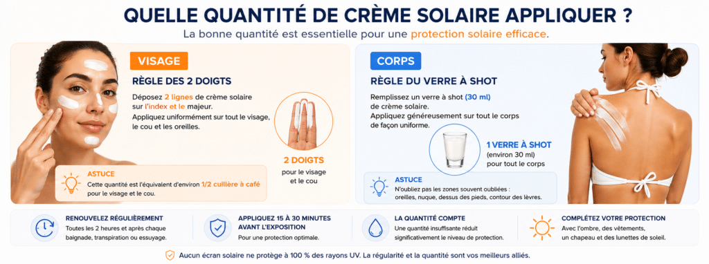 Quelle quantité de crème solaire appliquer sur le visage et le corps pour une protection solaire efficace