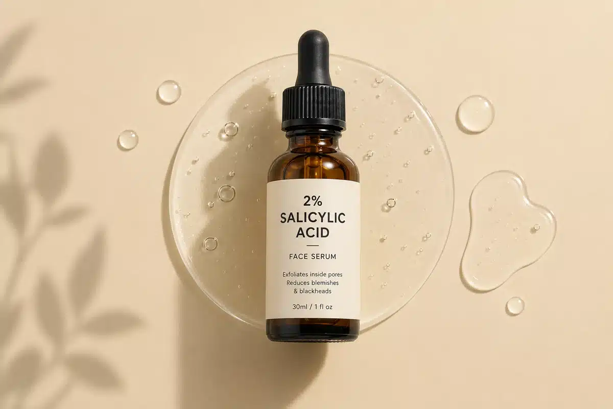 Sérum à l'acide salicylique 2 % posé sur une coupelle de gel
