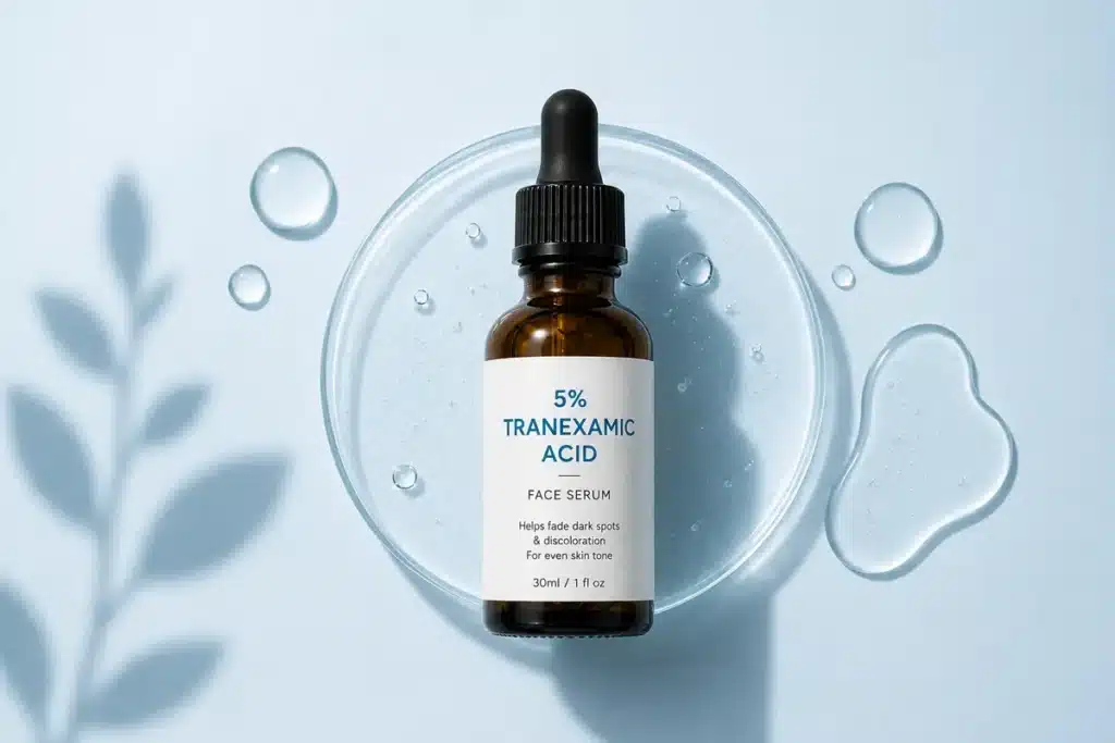 Sérum à l'acide tranexamique 5 % posé sur une coupelle de gel