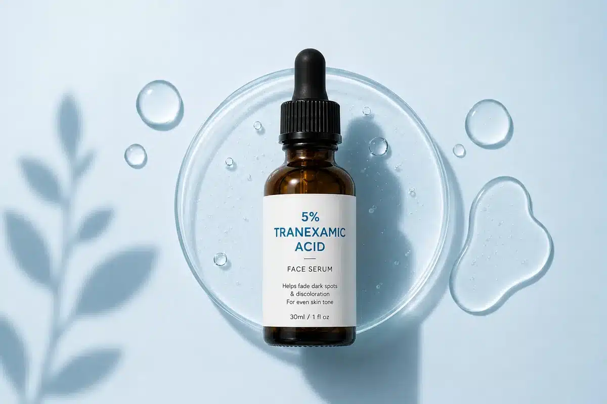 Sérum à l'acide tranexamique 5 % posé sur une coupelle de gel