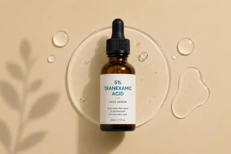Sérum à l'acide tranexamique 5 % posé sur une coupelle de gel