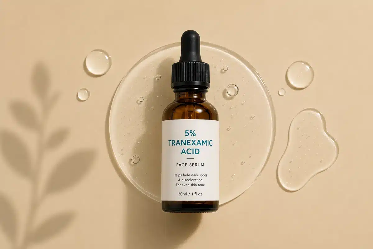 Sérum à l'acide tranexamique 5 % posé sur une coupelle de gel