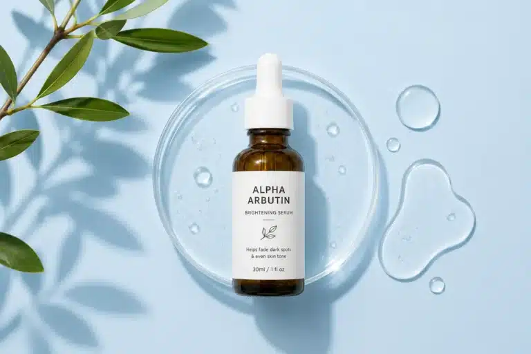 Sérum à l'alpha-arbutine posé sur une coupelle de gel