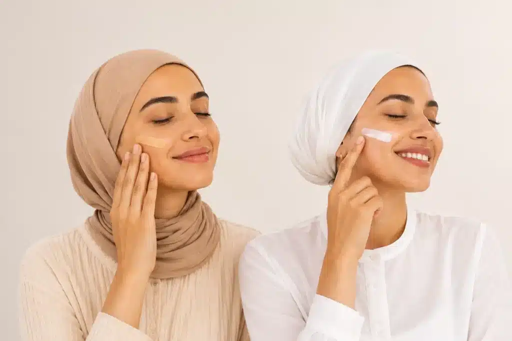 Écran solaire teinté appliqué sur une joue et écran solaire invisible sur l'autre, comparaison des deux textures