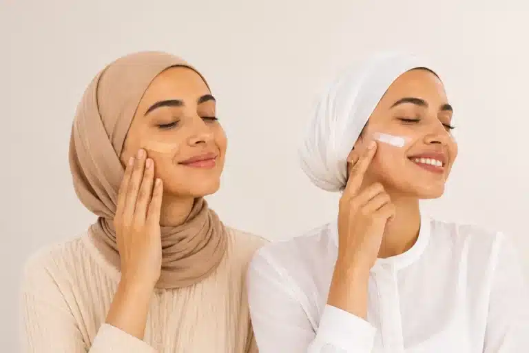 Écran solaire teinté appliqué sur une joue et écran solaire invisible sur l'autre, comparaison des deux textures
