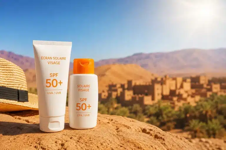 Écran solaire visage SPF 50+ posé devant un paysage marocain, kasbah et palmeraie sous un soleil intense