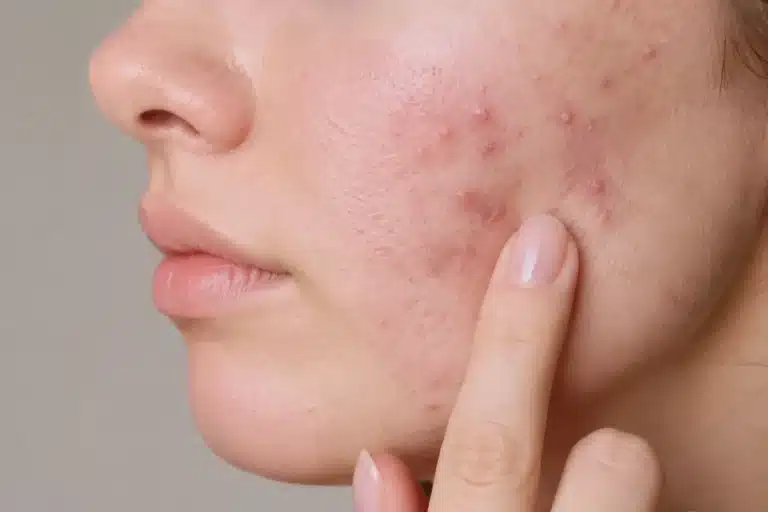 Erreurs acné : toucher un bouton du visage sur une peau grasse