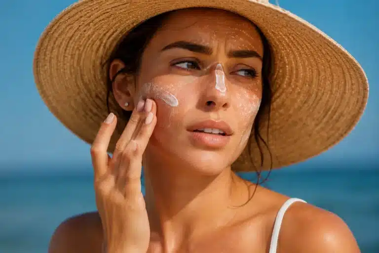 Application inégale de crème solaire sur le visage, illustrant les erreurs crème solaire les plus fréquentes