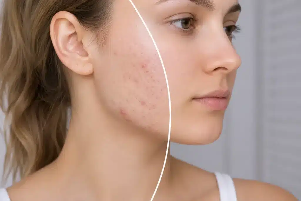 Comparaison entre une joue presentant des marques post-acne et une peau nette