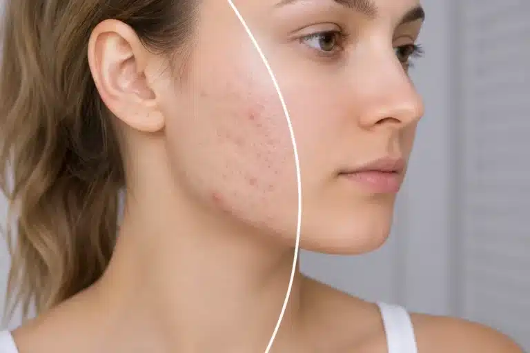 Comparaison entre une joue presentant des marques post-acne et une peau nette