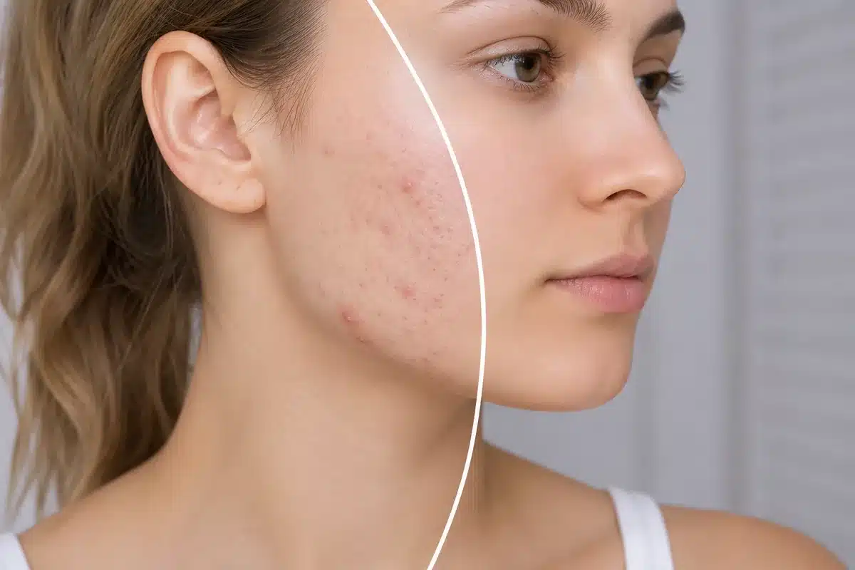 Comparaison entre une joue presentant des marques post-acne et une peau nette