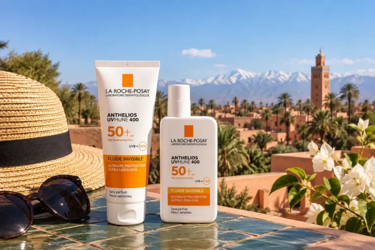 Protection solaire saisons au Maroc : écrans solaires devant l'Atlas enneigé et Marrakech