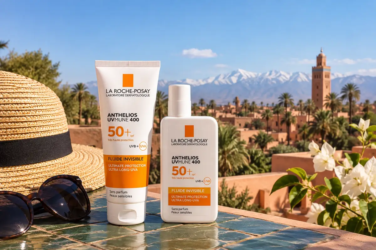 Protection solaire saisons au Maroc : écrans solaires devant l'Atlas enneigé et Marrakech