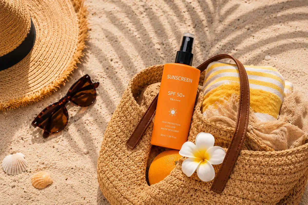 Protection solaire taches : écran solaire SPF 50+ dans un sac de plage avec chapeau et lunettes de soleil