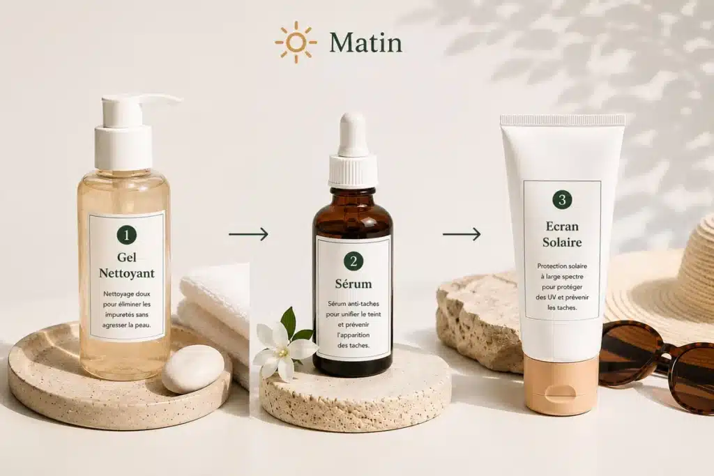 Routine anti-taches matin en 3 etapes : gel nettoyant, serum et ecran solaire