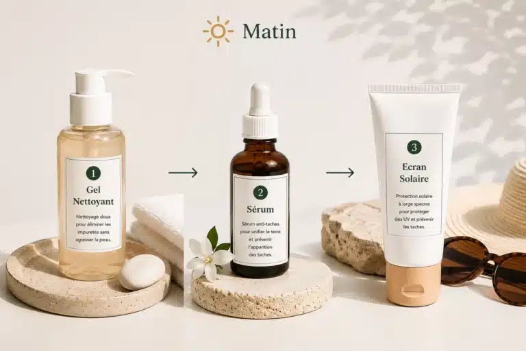 Routine anti-taches matin en 3 etapes : gel nettoyant, serum et ecran solaire