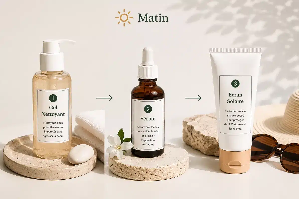 Routine anti-taches matin en 3 etapes : gel nettoyant, serum et ecran solaire