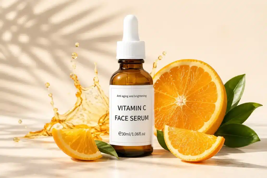 Sérum vitamine C taches pigmentaires en flacon compte-gouttes, entouré de tranches d'orange