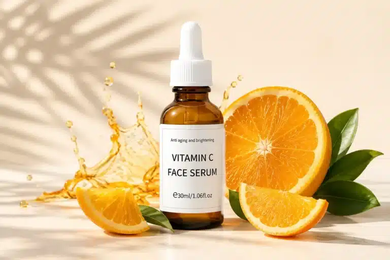Sérum vitamine C taches pigmentaires en flacon compte-gouttes, entouré de tranches d'orange