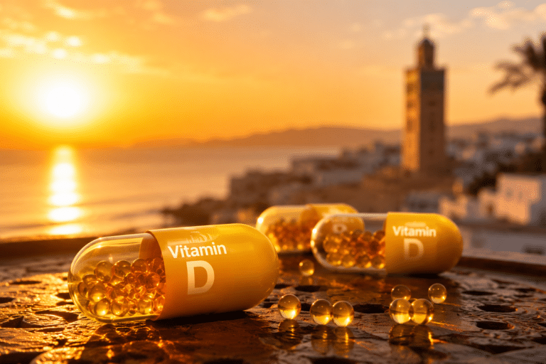 Carence en vitamine D au Maroc : capsules de vitamine D au soleil couchant