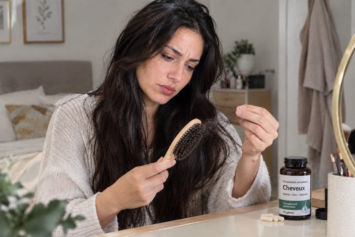 Femme qui regarde ses cheveux tombés dans sa brosse, flacon de complément cheveux posé à côté