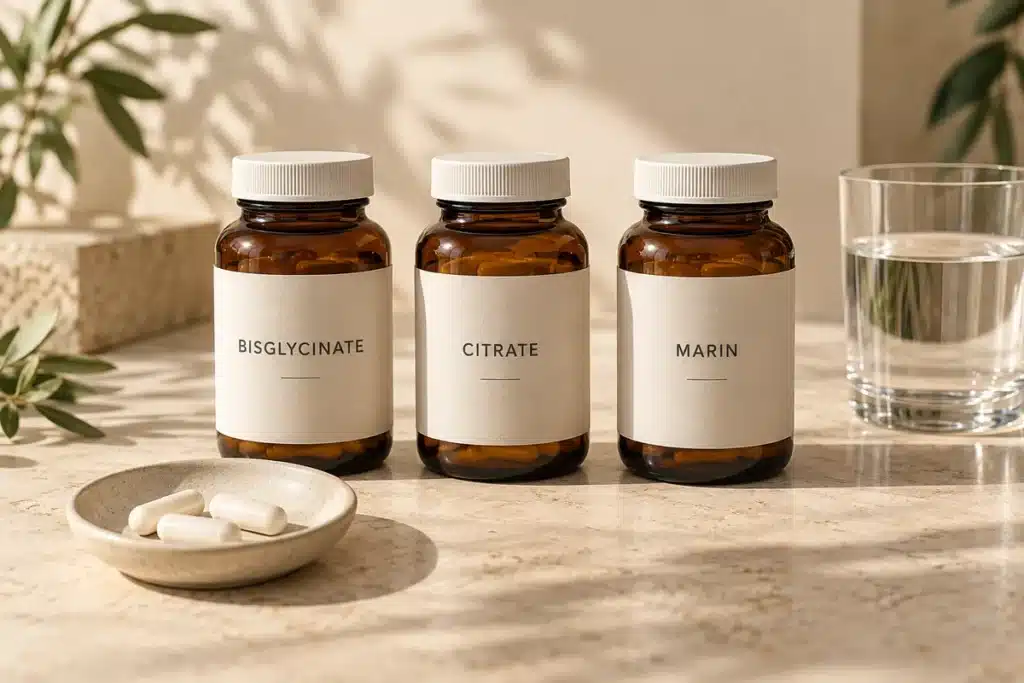 Magnésium au Maroc : trois flacons étiquetés bisglycinate, citrate et marin, près de gélules et d’un verre d’eau