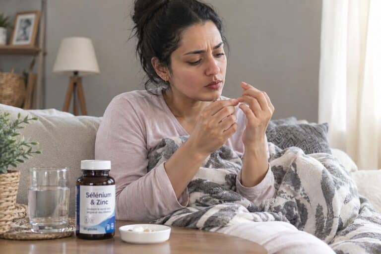 Femme qui examine ses ongles cassants, flacon de zinc et sélénium posé à côté