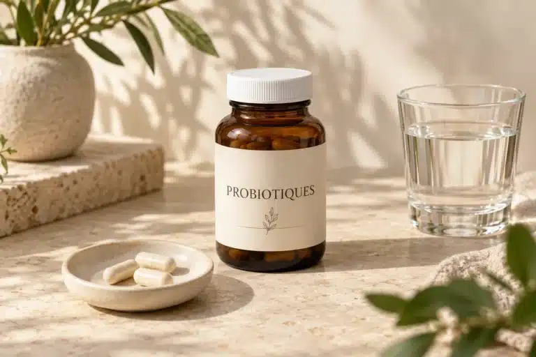 Probiotique en gélules, flacon ambré, coupelle et verre d'eau sur un fond crème