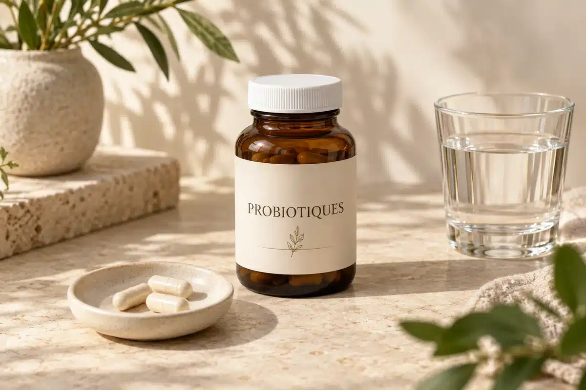 Probiotique en gélules, flacon ambré, coupelle et verre d'eau sur un fond crème