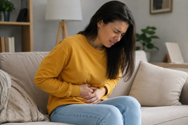Jeune femme assise sur un canapé, une main sur le ventre, pendant des règles abondantes