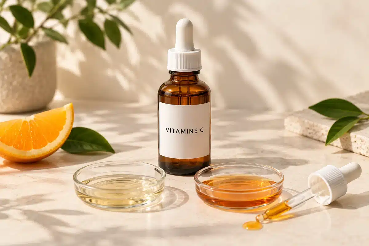 Sérum vitamine C orange dans une coupelle à côté d'un sérum jaune pâle et d'un flacon ambré à pipette