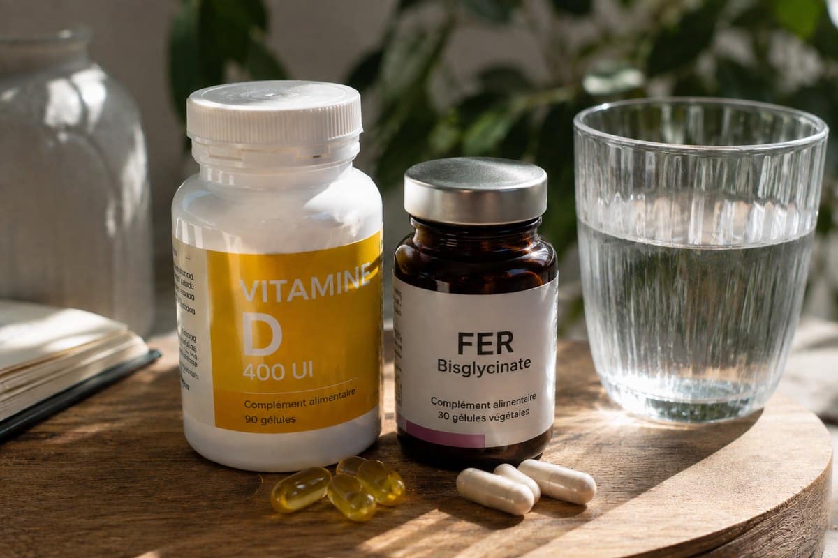 Vitamine D et fer : un flacon de vitamine D 400 UI et un flacon de fer, avec un verre d'eau