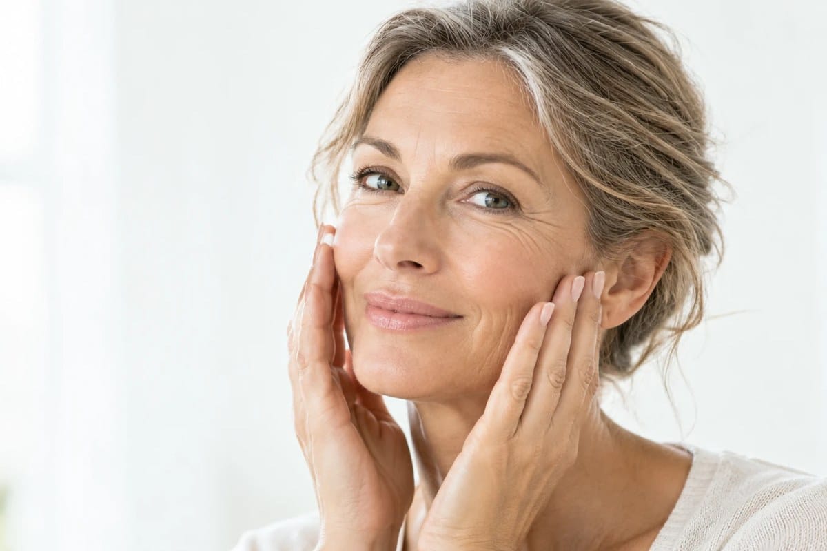 Crème anti-âge : femme mûre souriante touchant son visage, sur fond clair