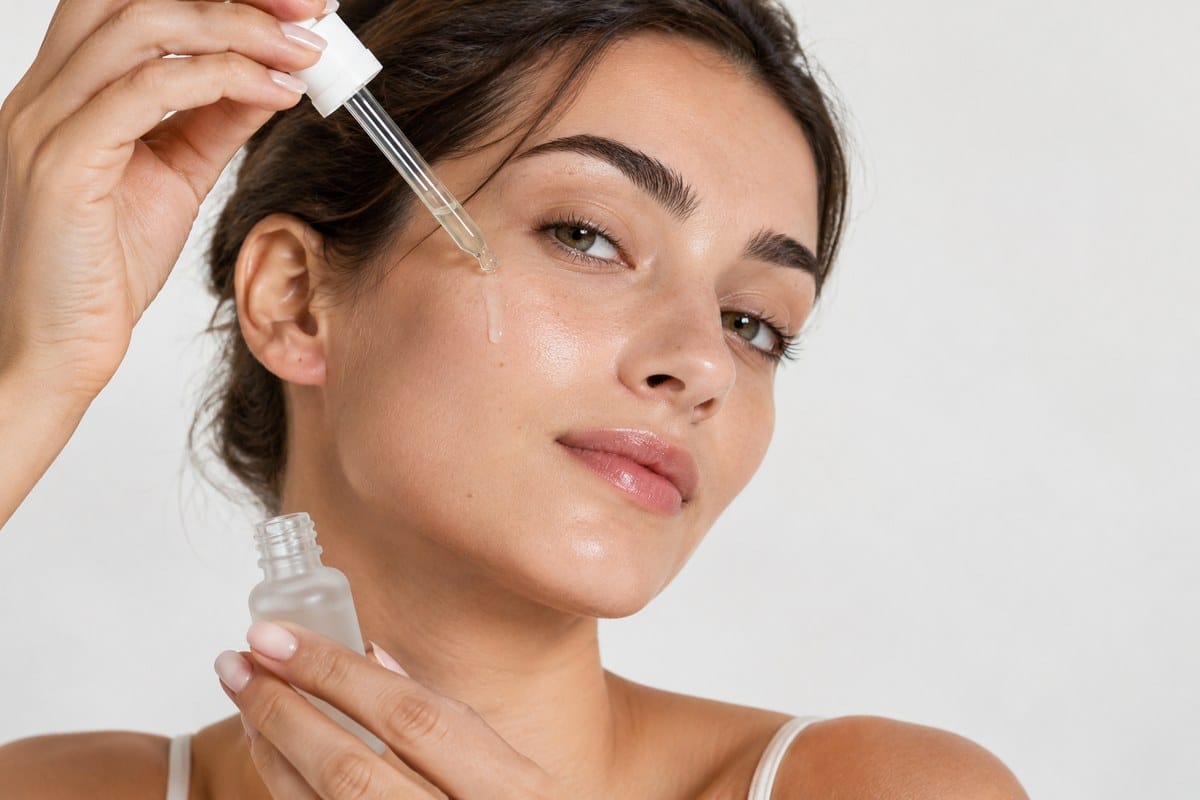 Rétinol : femme appliquant un sérum au compte-gouttes sur le visage, sur fond clair
